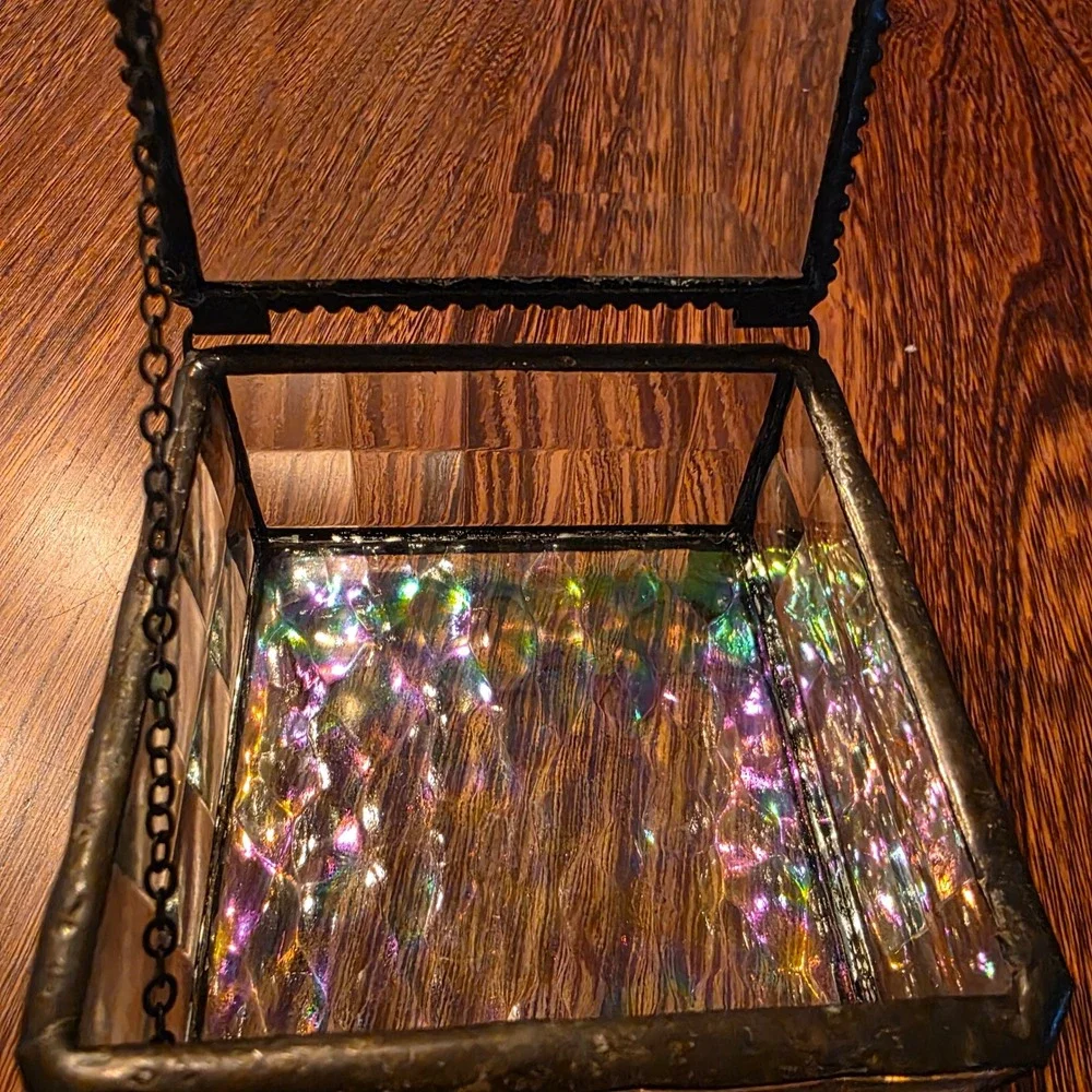 Vintage Iridescent Stained Glass Jewelry Box Beveled Clear Trinket Box Lidded